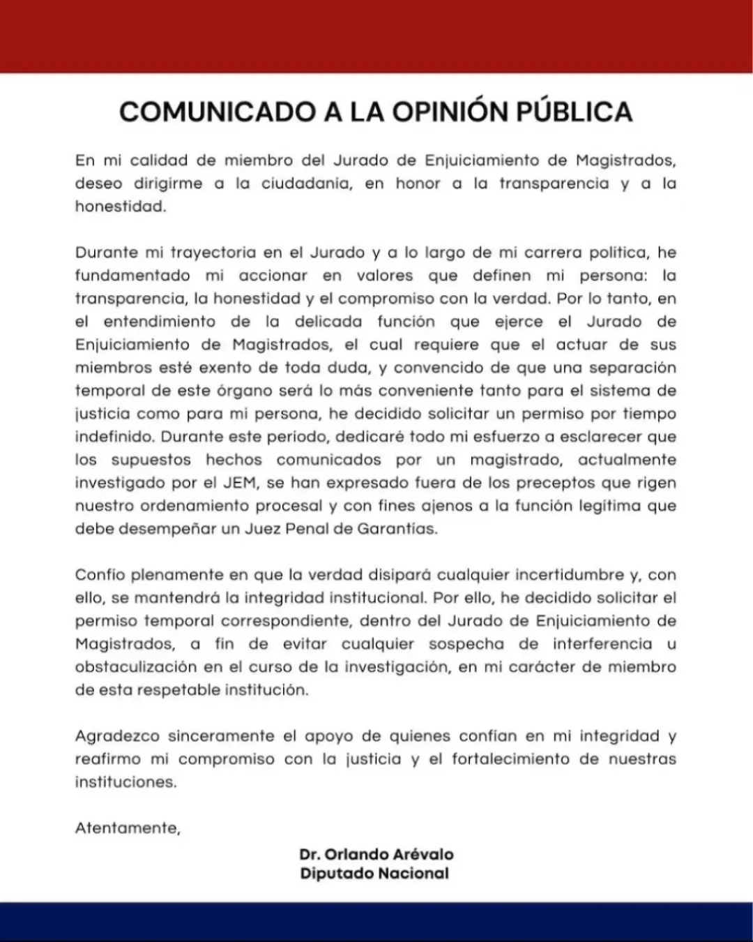 Orlando Arévalo pide permiso por tiempo indenfinido ante el JEM tras escándalo por chats de Lalo Gomes